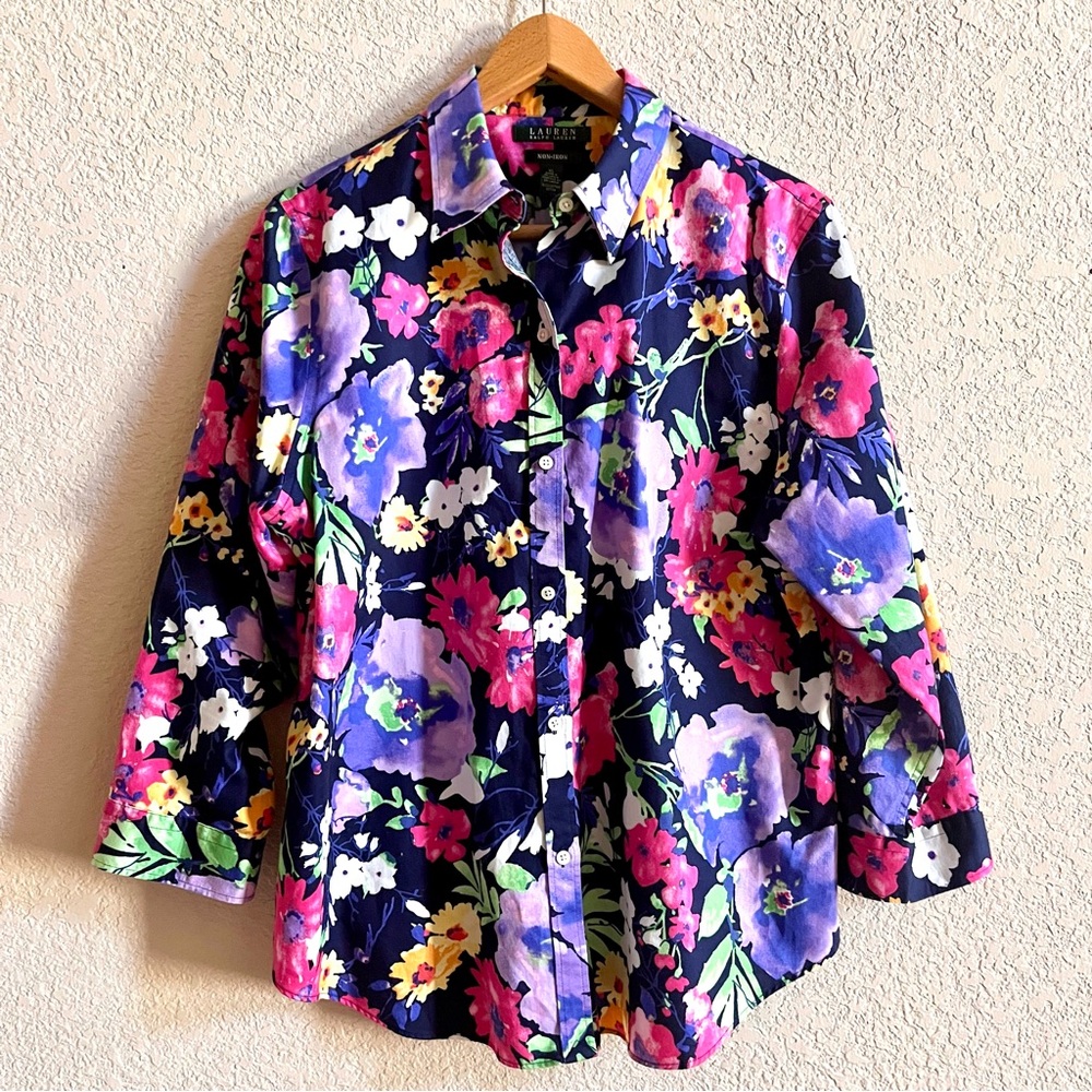 Lauren Ralph Lauren Shirt Women Sz 12 Dark Floral Non-iron Button Down Preppy